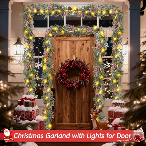 Vista 8 de HUZIYAHAN Guirnalda de Navidad con Luces, Guirnalda de Pino Iluminada, Guirnaldas de Navidad Preencendidas para Repisa de Chimenea, Escaleras