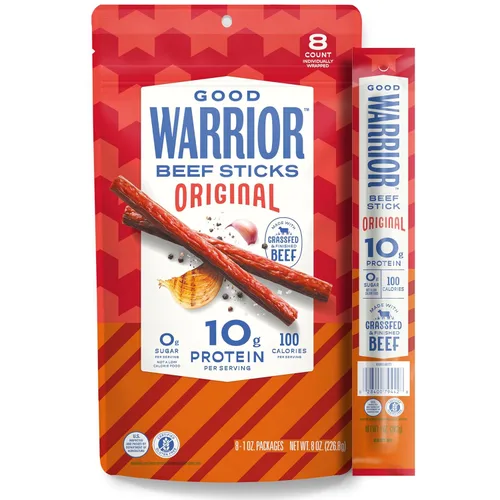 Good Warrior Palitos de carne de res, originales, palitos de 1 oz (8 unidades), 0.35 oz de proteína, 100 calorías, 0.00 oz de azúcar, carne de res