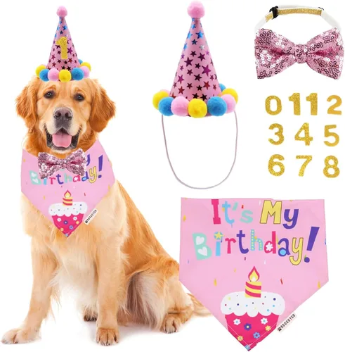 Vista 11 de ADOGGYGO Pañuelo Bufanda de Cumpleaños para Perro y Sombrero Azul de Fiesta de Cumpleaños para Cachorro Niño con Corbatín Lindo para Perro Pequeño
