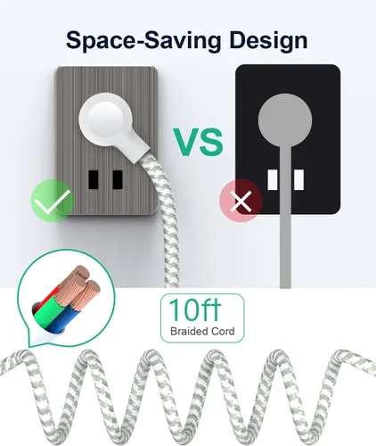 Vista 5 de Regleta de alimentación de enchufe plano con puertos USB - Cable de extensión de 10 pies con 3 salidas y 3 puertos de carga USB, montaje en pared