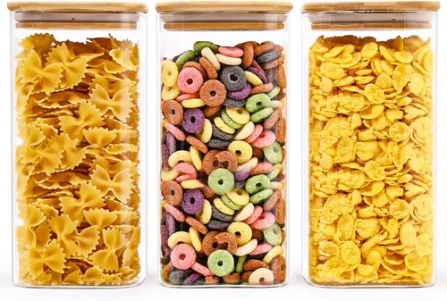 Vista 16 de SHOWIN Tarros de almacenamiento de pasta de vidrio de 73 onzas, tarros altos de vidrio con tapas de bambú, contenedor de espagueti, juego de 3