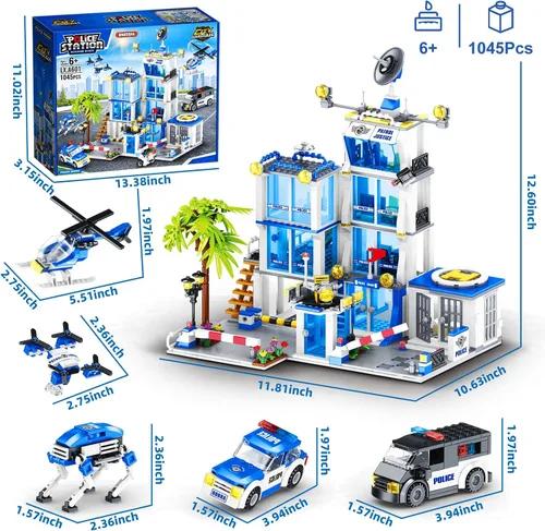 Vista 2 de Juego de construcción de la estación de policía de la ciudad, 1045 piezas de bloques de construcción de la sede de policía con coche de policía