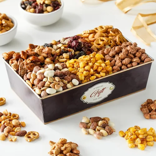 Broadway Basketeers Cesta de regalo de frutos secos una variedad de 6 mezclas de nueces gourmet, caja de comida para aperitivos, regalo saludable