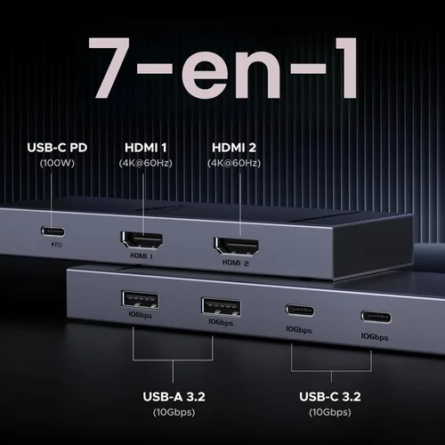 Vista 2 de UGREEN Estación de acoplamiento 7 en 1 con monitor dual, concentrador USB C con pantalla HDMI dual 4K@60Hz, puertos de datos USB-A/C de 10Gbps, 100W