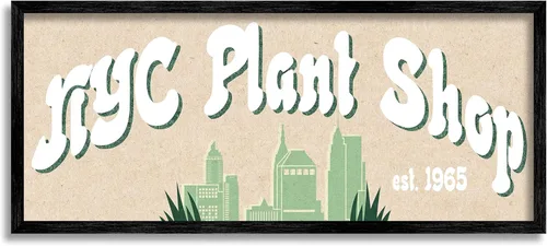 Stupell Industries NYC Plant Shop Green Grass Skyline Est. 1965, diseño de Daphne Polselli - Arte de pared enmarcado negro, 30 x 13 pulgadas