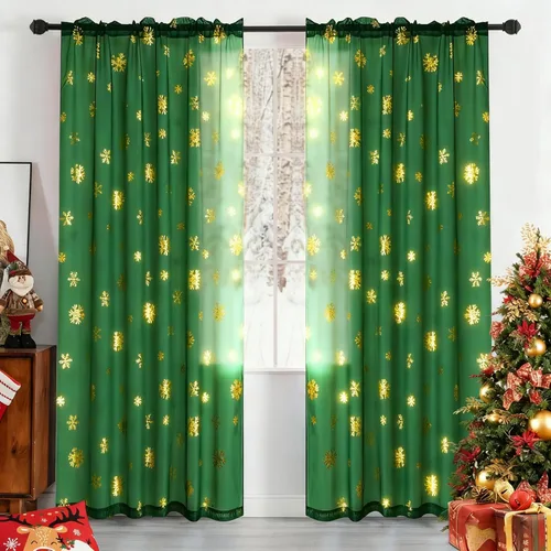 MikiUp Cortinas traslúcidas de copos de nieve de Navidad, cortinas semitransparentes con estampado de lámina dorada, bolsillo para barra, decoración