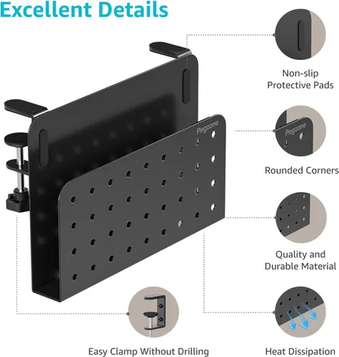 Vista 4 de PEGZONE Organizador de almacenamiento lateral para escritorio, soporte para computadora portátil sin taladro, estante con abrazadera