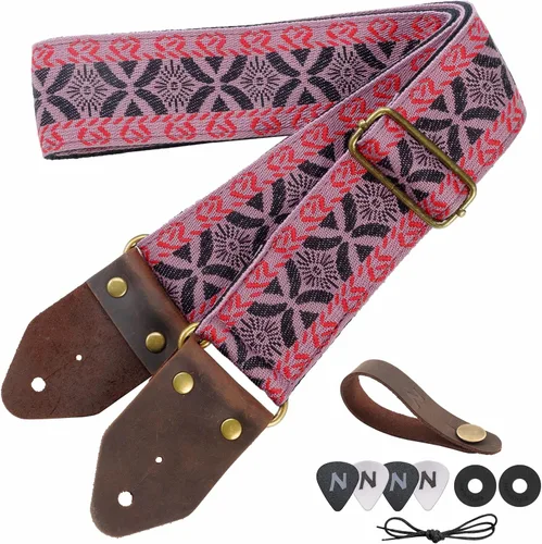 Vista 18 de Nefelibata Correa de guitarra, correas de guitarra de algodón bordado jacquard con extremos de cuero de caballo loco para bajo, eléctrico