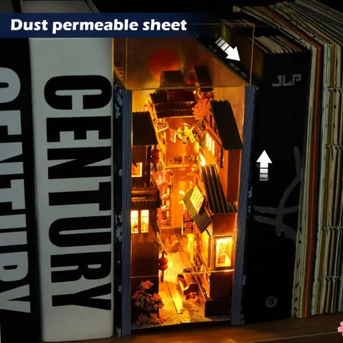 Vista 8 de Kit de rincón de libros para bricolaje, sujetalibros decorativo de madera 3D, kit de casa de muñecas con LED brillante, rincón de madera creativo