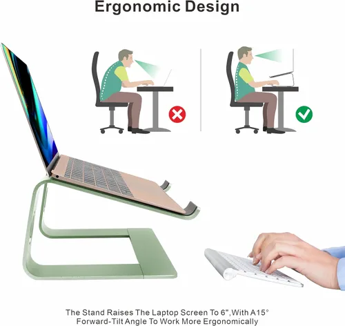 Vista 2 de Soporte ergonómico de aluminio para laptop, soporte ajustable para computadora MacBook Pro/Air HP, Lenovo, Samsung Dell, compatible con portátiles
