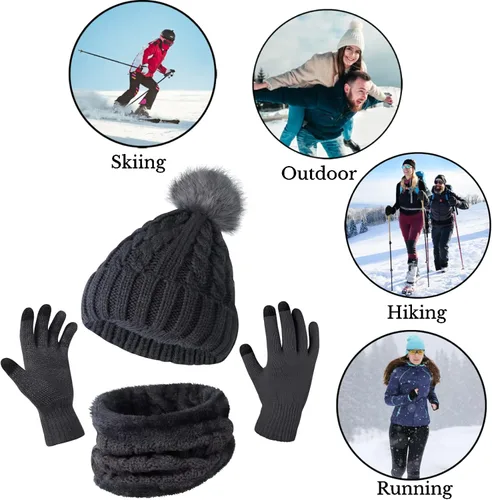 Vista 6 de Conjunto de guantes de bufanda de invierno para mujer con forro polar cálido gorro de gorro calentador de cuello y guantes para pantalla táctil