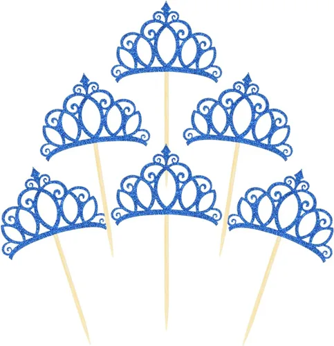48 piezas de corona de princesa con purpurina azul para decoración de cumpleaños, baby shower, fiesta, tartas