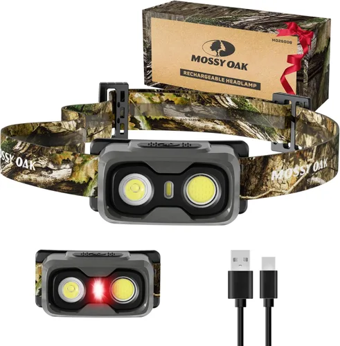 Vista 9 de Mossy Oak Linterna frontal recargable de 600 lúmenes, faro LED ligero con luz blanca y roja, lámpara frontal impermeable con banda antideslizante
