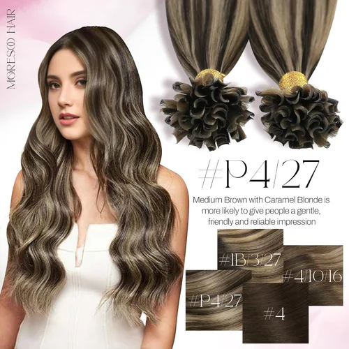 Vista 6 de Moresoo Extensiones de cabello humano con punta K de 24 pulgadas, extensiones de cabello humano con reflejos castaño medio con rubio caramelo