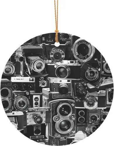 Retro Cool Camera Collection Print Modern Round Christmas Ornaments, Ready-to-Hang Christmas Vacation Ornaments and Decor