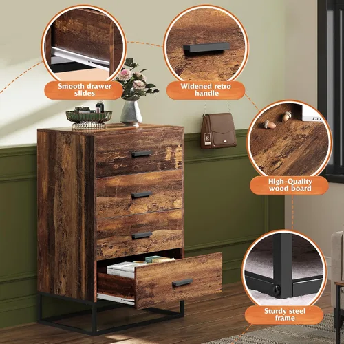 Vista 6 de WLIVE Cómoda de madera para dormitorio, cómoda de madera con 4 cajones, cómoda de dormitorio con marco de metal resistente para pasillo, sala