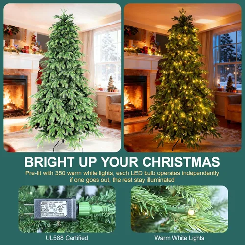 Vista 4 de Árbol de Navidad preiluminado de 6 pies, árbol de Navidad artificial preiluminado con 350 luces y 1820 puntas de rama, árbol de Navidad iluminado