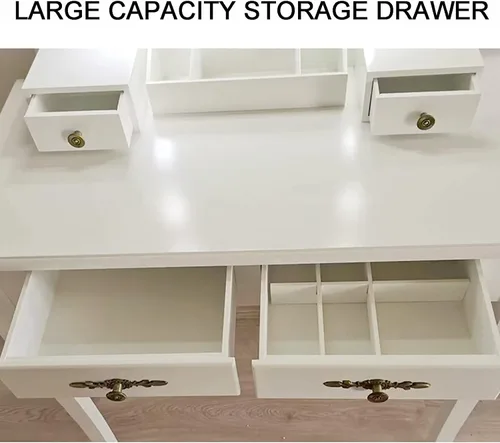 Vista 5 de Juego de tocador, tocador de maquillaje con taburete acolchado, mesa de tocador, espejo giratorio rectangular, 4 cajones, para dormitorio, vestidor