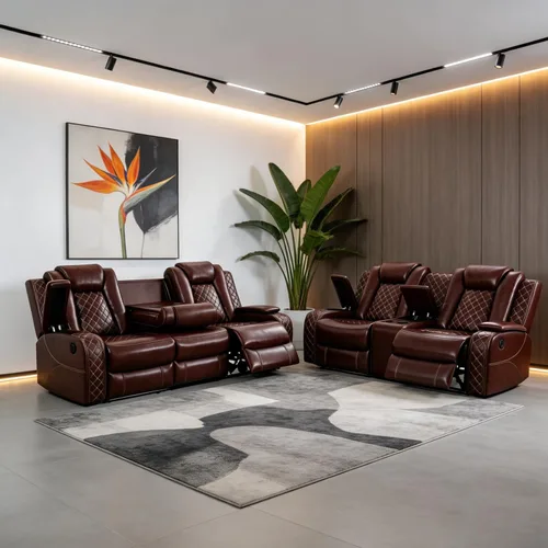 Vista 24 de Juegos de muebles de sala de estar, sofá modular reclinable eléctrico con luces LED, juego de sofá de cuero, sofá reclinable para sala de estar