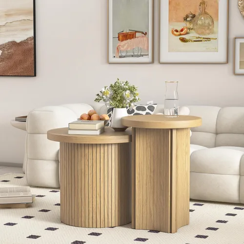 Vista 8 de Mxtxmy Juego de 2 Mesas de Café Anidadas de Estilo Granja, Mesa de Café Redonda para Sala de Estar, Juego de Mesas de Café con Acabado de Madera