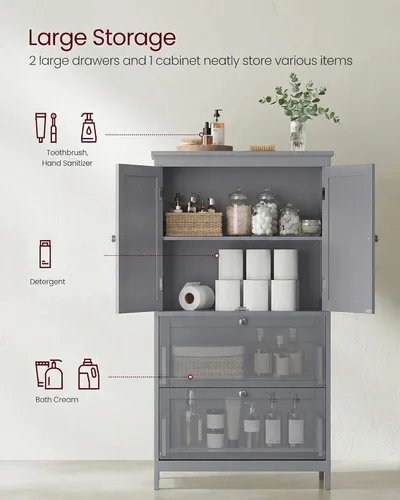 Vista 5 de VASAGLE UBBC551G02 - Armario de almacenamiento para suelo, unidad de almacenamiento independiente con 2 cajones y 2 puertas, estante ajustable, 11.8