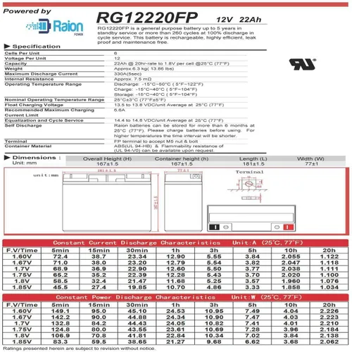 Vista 3 de Raion Power Batería AGM de repuesto de 12V 22Ah para EverStart HP450-6 Maxx Jump Starter - 1 paquete