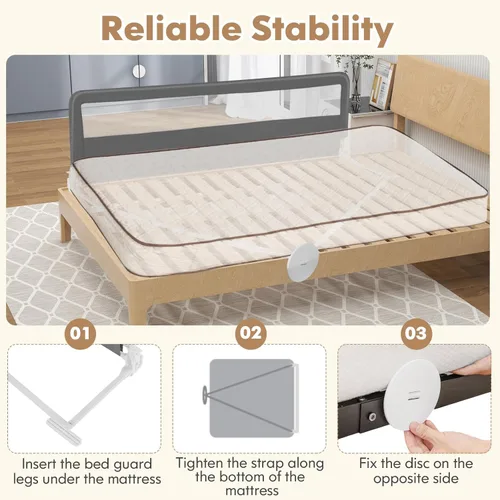 Vista 4 de BABY JOY Barandillas de cama para niños, 180 cm extra largas, barandilla de cama abatible con correa de seguridad, barandilla de cama plegable