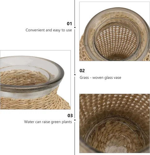 Vista 4 de Cabilock Jarrón de vidrio tejido estilo nórdico de 8.5 pulgadas de hierba marina hidropónica para plantas, jarrón decorativo de mimbre natural
