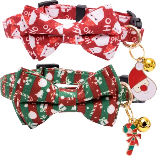 Vista 7 de Faygarsle Paquete de 2 collares navideños para gatos con pajarita, collar de invierno rosa y verde para niños y niñas