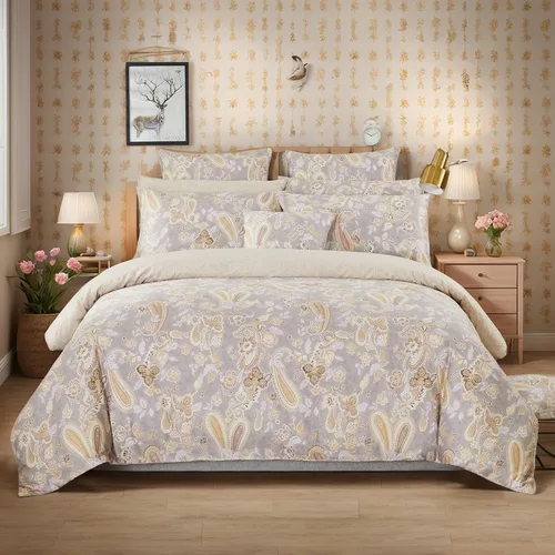 Vista 21 de FADFAY Juego de funda de edredón de cachemira, tamaño individual, color azul y beige, reversible, estampado floral, 100% algodón, ultra suave