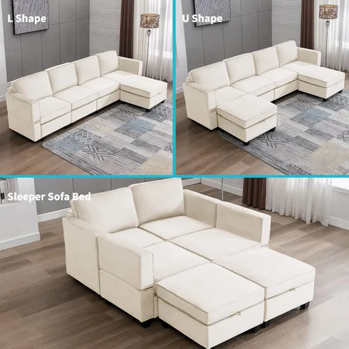 Vista 6 de CECER Sofá modular modular con diván de almacenamiento, sofá en forma de U, sofá para dormir, respaldo y reposabrazos ajustables, sofás modulares