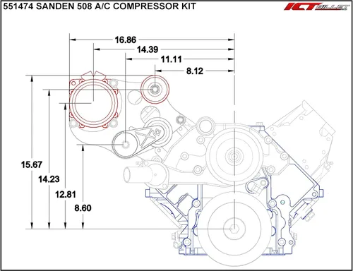 Vista 5 de ICT Billet Kit de soporte para compresor de aire acondicionado compatible con LS Corvette - Sanden 508 A/C LS AC GTO 551474-1