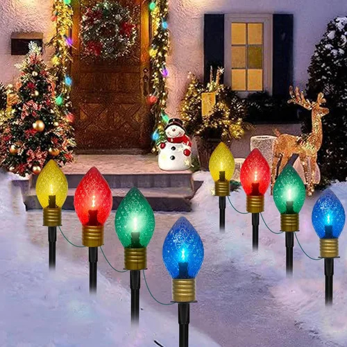 Vista 20 de Luces LED C9 para caminos de Navidad al aire libre, 38 pies, 25 bombillas LED C9 multicolor, luces de estacas de camino de Navidad, luces