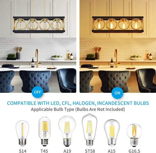 Vista 5 de XINGQI Lámpara de araña rectangular moderna, iluminación de isla de cocina de granja, accesorio de luz colgante industrial rústico de 4 luces