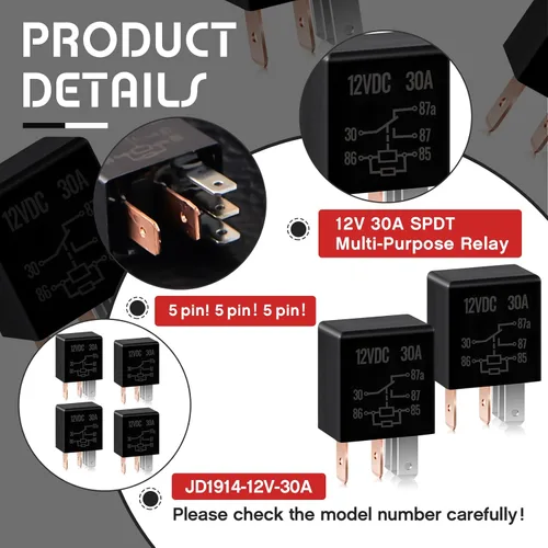 Vista 3 de Relé de 5 pines de 12 V 12 V 30 A, relé automotriz multiusos, relé de arranque negro, relé de arranque para automóvil, accesorios de repuesto
