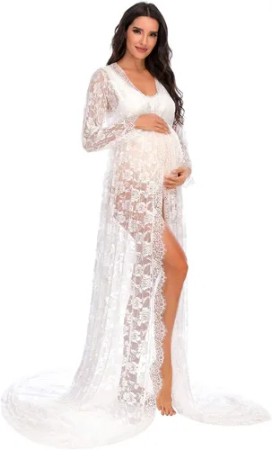 Vista 2 de ZIUMUDY Vestido largo de encaje transparente con cuello en V profundo y abertura frontal para fotografía con manga larga