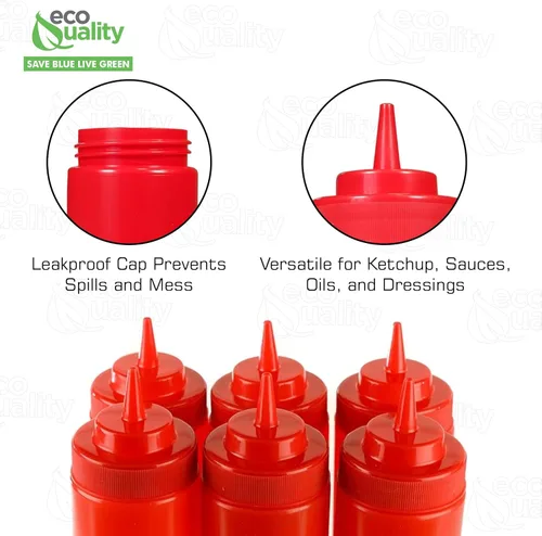 Vista 4 de [Paquete de 24] Botellas de plástico rojo de 24 onzas para condimentos, salsas, aderezos, artes y manualidades, salsa de tomate, mostaza, aceite