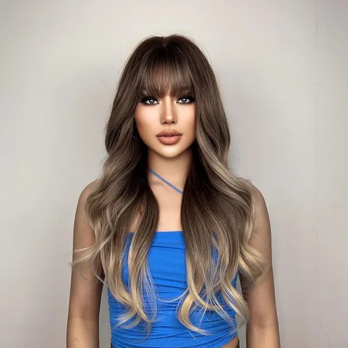 Vista 2 de Peluca marrón con flequillo para mujer, peluca larga ombré marrón oscuro, peluca sintética ondulada con raya en medio, cabello natural resistente al
