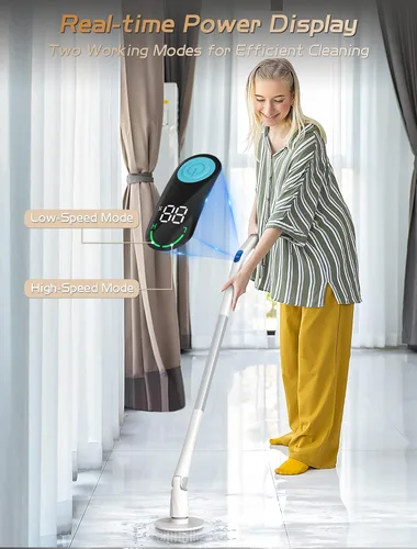 Vista 4 de Cepillo eléctrico giratorio, cepillos de limpieza para uso doméstico, cepillo de ducha con 7 cabezales de cepillo reemplazables, limpiador eléctrico