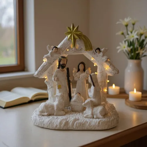Vista 4 de Conjunto de Natividad para Interior – Escena de Nacimiento con Pesebre, Conjuntos y Figuras de Nacimiento de Navidad con Luces LED, Decoraciones