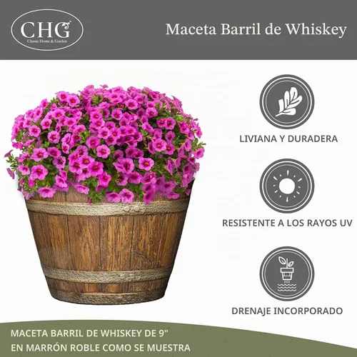 Vista 4 de Classic Home and Garden Maceta Redonda de Resina Estilo Barril para Flores para Exteriores, Marrón Roble Envejecido, 20,5" (Paquete de 3)