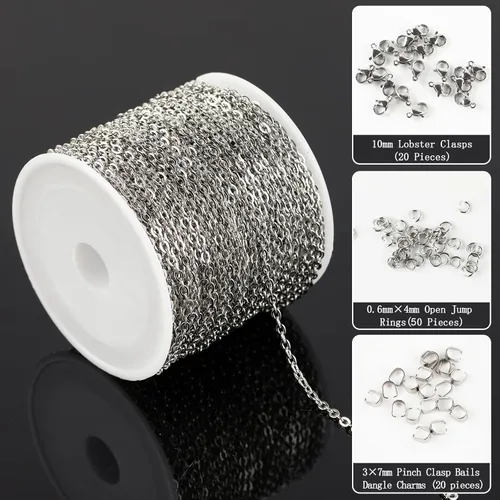 Vista 2 de UMAOKANG Cadenas de joyería de plata de 65 pies para fabricación de joyas, carrete de eslabones de cadena de cable plano, manualidades, aretes