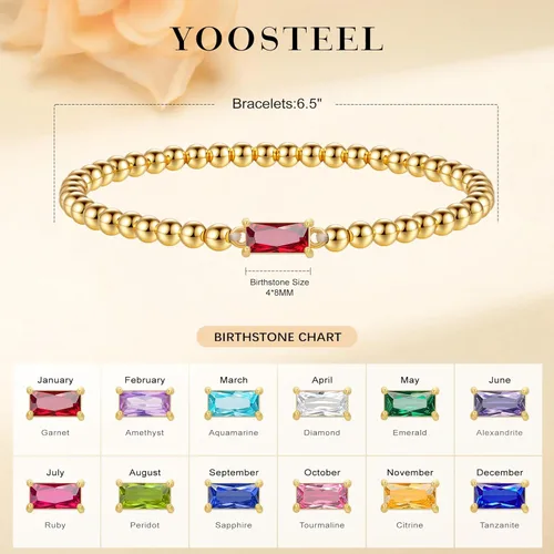 Vista 5 de Yoosteel Pulsera delicada con piedra natal para mujer, pulseras elásticas chapadas en oro de 14 quilates, joyería de cumpleaños de amistad de moda
