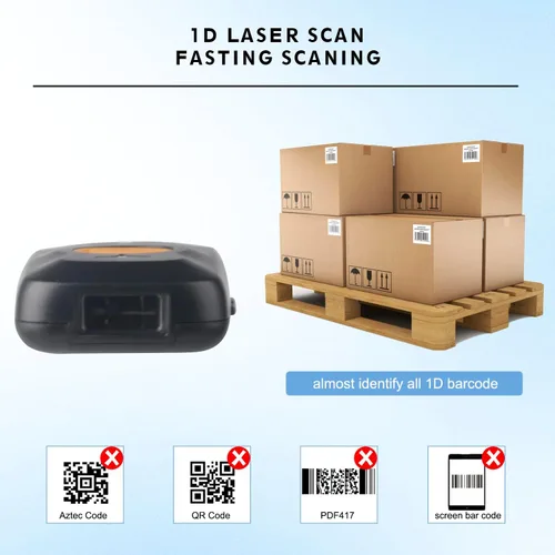 Vista 7 de Sumicor Escáner de código de barras inalámbrico, mini lector Bluetooth portátil, escáner láser 1D con indicador de nivel de batería, pequeño escáner