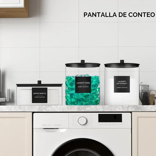Vista 3 de Paquete de 3 tarros de vidrio y soporte acrílico para secadora, contenedor de cápsulas de lavandería con tapa de bambú y tazas medidoras para Negro