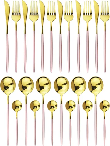 Vista 29 de JASHII Juego de cubiertos de acero inoxidable chapado en titanio de 24 piezas, 24 cubiertos negros, cubiertos para 6 (brillante)