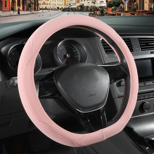 Vista 21 de Funda para volante en forma de D de gamuza negra de 14 pulgadas, transpirable, antideslizante, a prueba de sudor, resistente al desgaste, sin