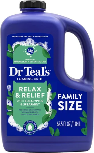 Dr Teal's Baño espumoso con sal pura de Epsom, relajación y alivio con eucalipto y menta verde, 62.5 onzas líquidas