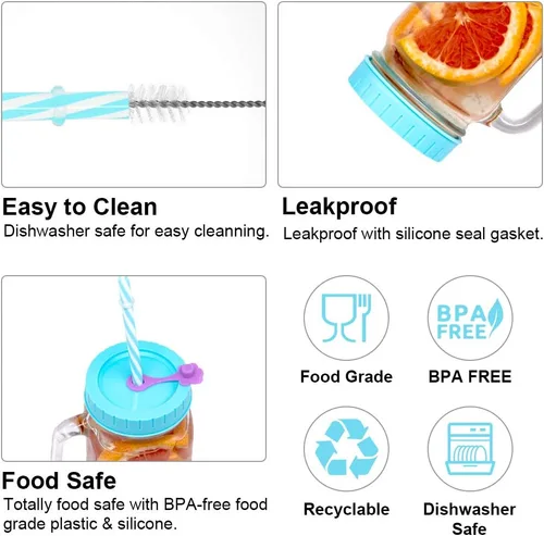 Vista 3 de REGULAR - Tapas de tarro de boca para bola, kerr, etc. con agujero para pajita, popotes, tapones de silicona, anillos, cepillo de limpieza, sin BPA