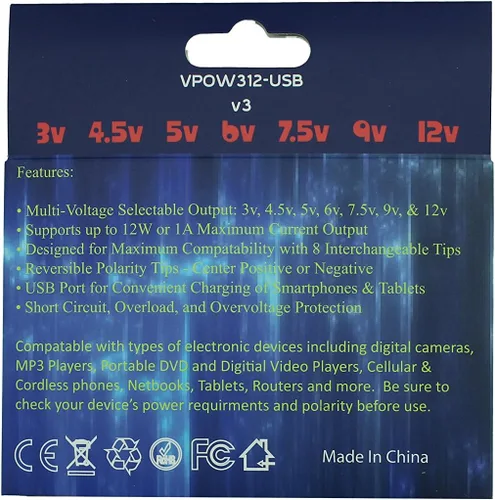 Vista 2 de 3vdc -12 voltios adaptador de corriente AC/DC universal puerto USB 8 puntas reversibles polaridad positiva o negativa punta central 3v 4.5v 5v 6v